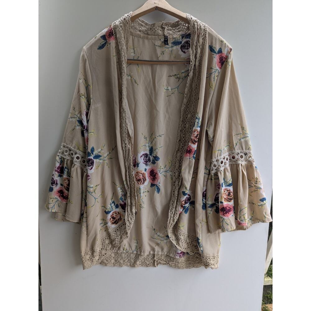 Womens‎ Crochet Trim Kimono Flutter Sleeves Beige Floral Size Large